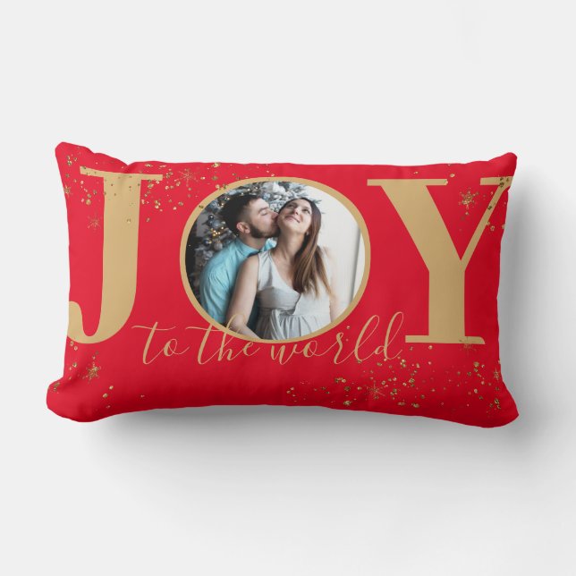 Coussin Rectangle Joy to the World Red and Gold Glittery Photo (Recto)