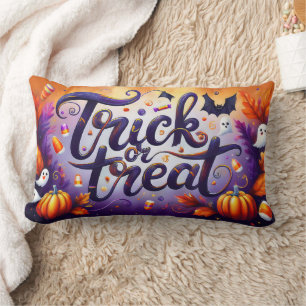 Coussin Rectangle Joyeuse sorcière d'Halloween avec son Broom Orange