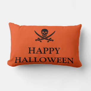 Coussin Rectangle Joyeux crâne d'Halloween avec son Broom Orange Thr