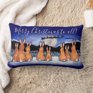 Coussin Rectangle Joyeux Noël bleu lapin scène de nuit Sleigh