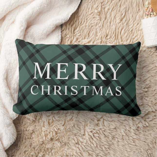 Coussin Rectangle Joyeux Noël vert et tatan noir plaid (Couverture)