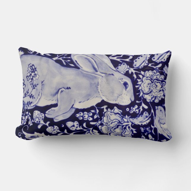 Coussin Rectangle Lapin Bleu et Blanc Lapin Floral Oiseau de Pâques (Recto)