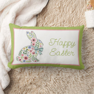 Coussin Rectangle Lapin de Pâques aux fleurs sauvages roses et bleue