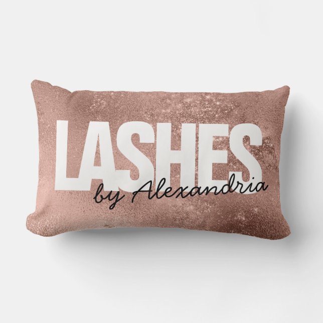 Coussin Rectangle Lashes Rose Gold Sparkle Script Nom Beauté Salon (Recto)