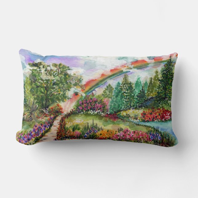Coussin Rectangle Le Chemin. Arc en ciel et fleurs.  (Recto)