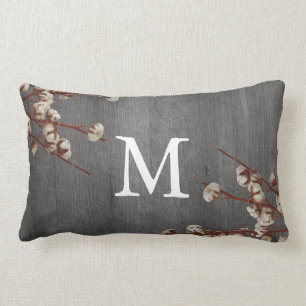 Coussin Rectangle Le coton de ferme fleurit le monogramme en bois