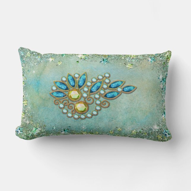 COUSSIN RECTANGLE LES BIJOUX D'INESSA : RÊVE DE VERT BLEU (Recto)