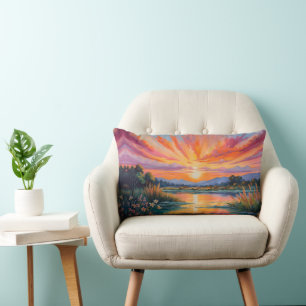 Coussin Rectangle Lever de soleil à l'étang aquarelle