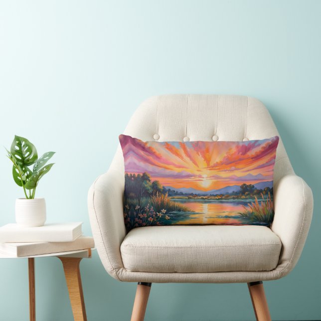 Coussin Rectangle Lever de soleil à l'étang aquarelle (Chaise)