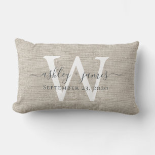 Coussin Rectangle Linge beige Blanc Monogramme Mariage Keepsaké