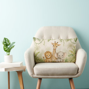 Coussin Rectangle Lion, girafe et éléphant bébé jungle personnalisée