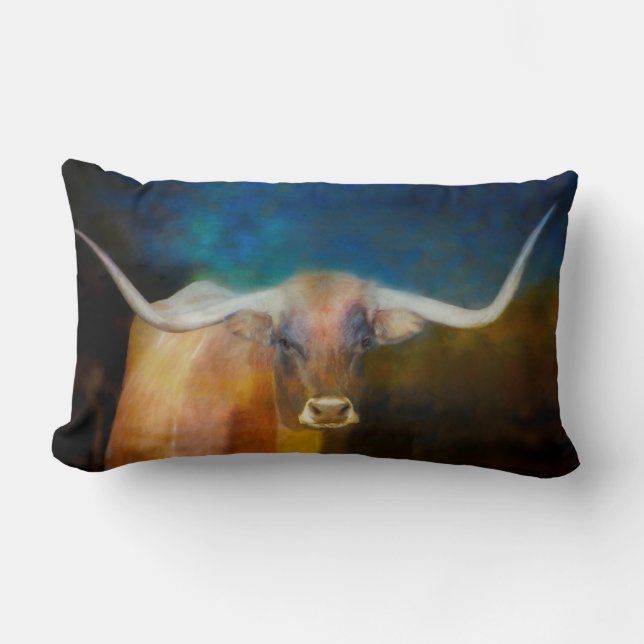 Coussin Rectangle Longhorn Vache art sur bleu et brun (Recto)
