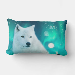 Coussin Rectangle Loup arctique et nuit magique avec aurores boréale
