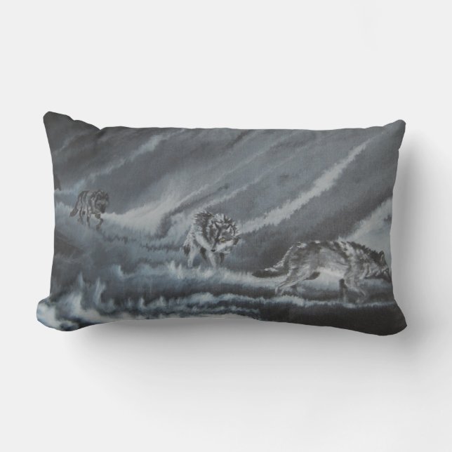 Coussin Rectangle Loups dans l'ombre, paquet de loups, nuit (Recto)