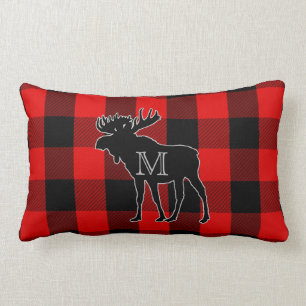 Coussin Rectangle Lumbar rustique d'orignaux de monogramme du plaid