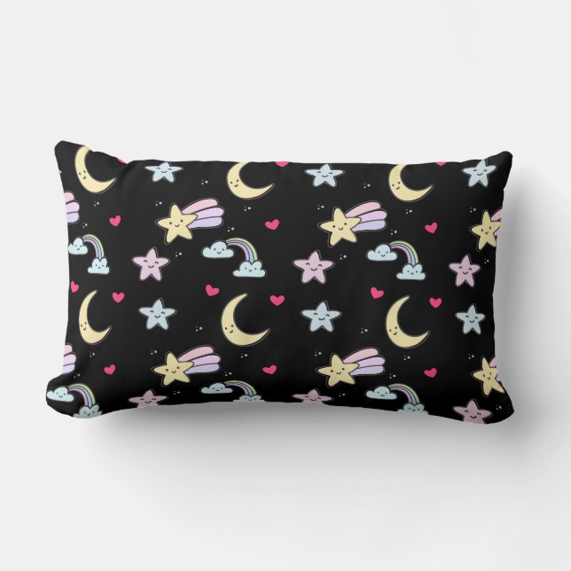 Coussin Rectangle Lune, étoiles et nuages Motif sur noir (Recto)