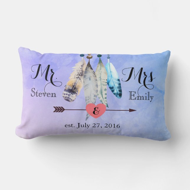 Coussin Rectangle M. et Mme Mariage Date Aquarelle plumes (Recto)