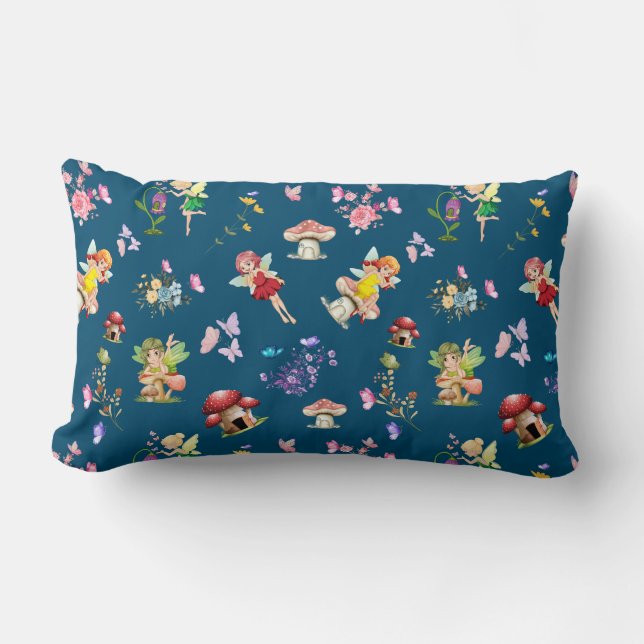 Coussin Rectangle Maison de champignons de fées bleues à thème (Recto)