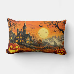 Coussin Rectangle Maison hantée avec citrouilles Jack-O'-Lantern