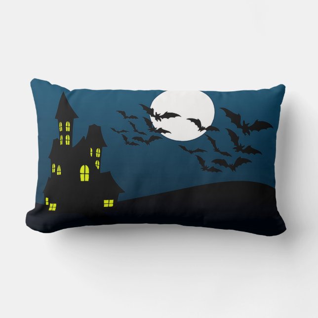 Coussin Rectangle Maison hantée avec citrouilles Jack-O'-Lantern (Recto)