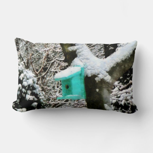 Coussin Rectangle Maisonnette Turquoise pour Oiseaux en Hiver (Recto)