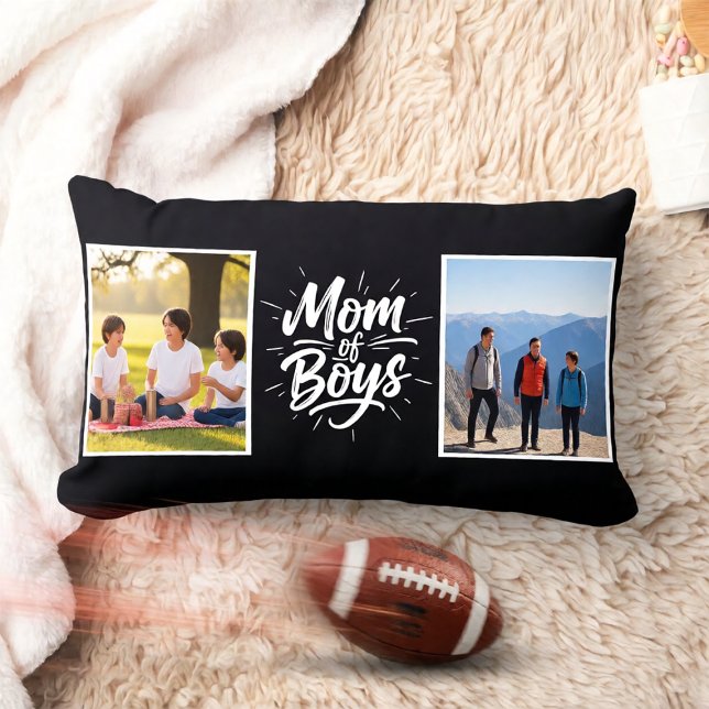 Coussin Rectangle Maman de Garçons Brosse Script Double Photo Noir (Créateur téléchargé)