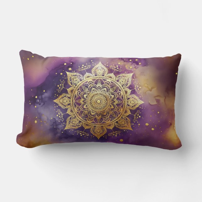 Coussin Rectangle Mandala d'or sur l'aquarelle violette (Recto)