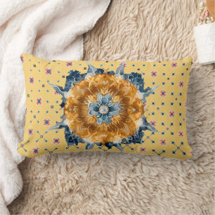 Coussin Rectangle Mandala, Fleur Bleue, Jaune