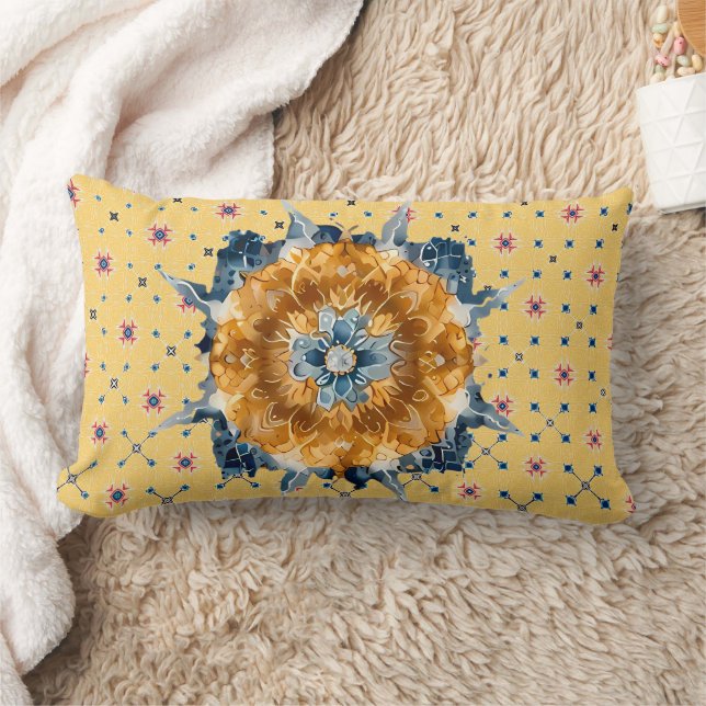 Coussin Rectangle Mandala, Fleur Bleue, Jaune (Couverture)