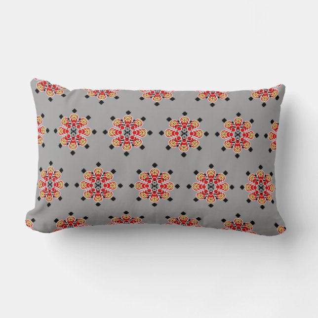 Coussin Rectangle Mandala huit points, rouge, noir et gris (Recto)