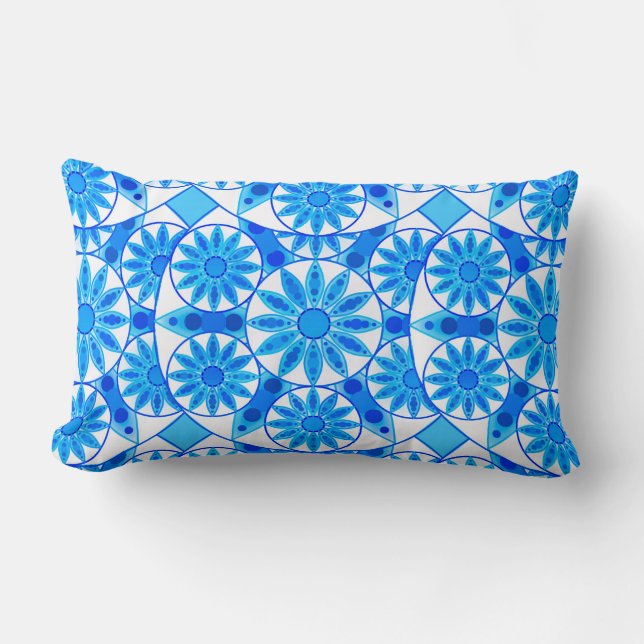 Coussin Rectangle Mandala motif, cobalt, turquoise et blanche (Recto)