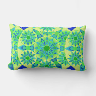 Coussin Rectangle Mandala motif, turquoise, bleu, vert citron