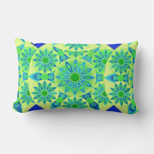 Coussin Rectangle Mandala motif, turquoise, bleu, vert citron (Recto)
