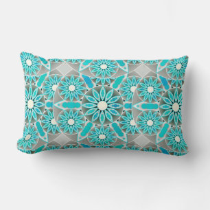Coussin Rectangle Mandala motif, turquoise, gris argenté et blanc