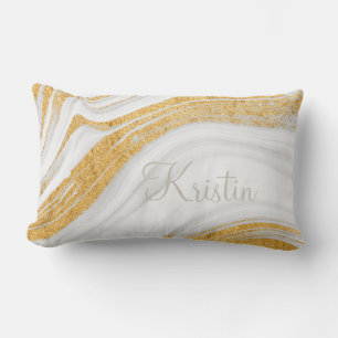 Coussin Rectangle Marbre Abstrait   Or et blanc   Votre nom