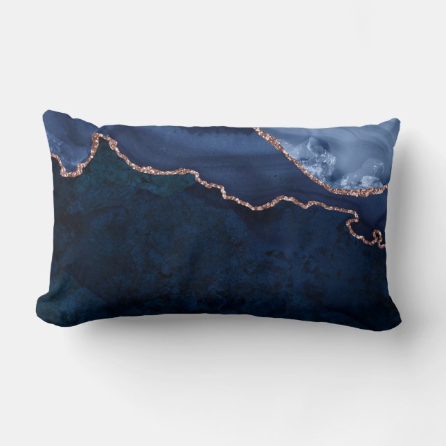 Coussin Rectangle Marbre Bleu Abstrait De Minuit Avec Or Rose (Recto)