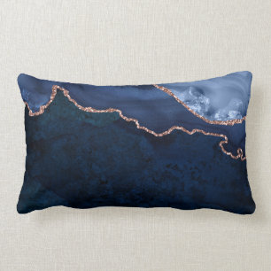 Coussin Rectangle Marbre Bleu Abstrait De Minuit Avec Or Rose