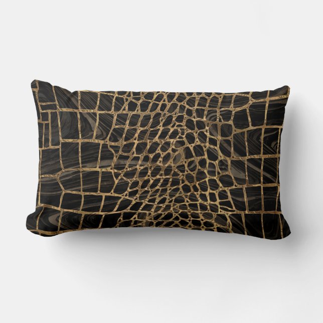 Coussin Rectangle Marbre noir liquide Faux Crocodile et or (Recto)