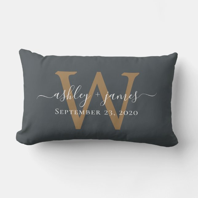 Coussin Rectangle Mariage à monogramme doré Date Hors noir (Recto)