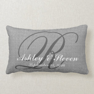 Coussin Rectangle Mariage Monogramme gris lin rustique