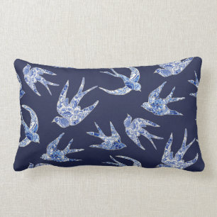 Coussin Rectangle Marine d'hirondelle florale Chinoiserie blanche Vi