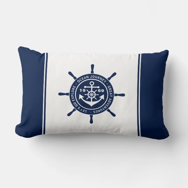 Coussin Rectangle maritime | Nautique, Bleu et Blanc, Ancre (Recto)