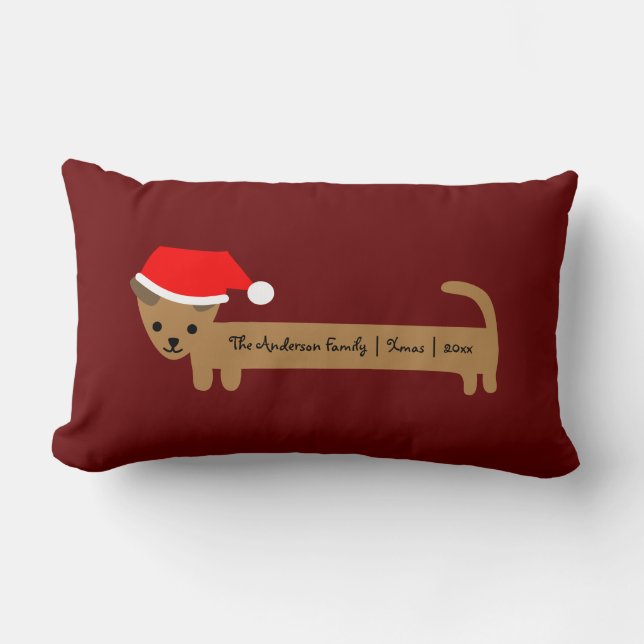 Coussin Rectangle Maroon Père Noël Dachshund Famille Noël personnali (Recto)
