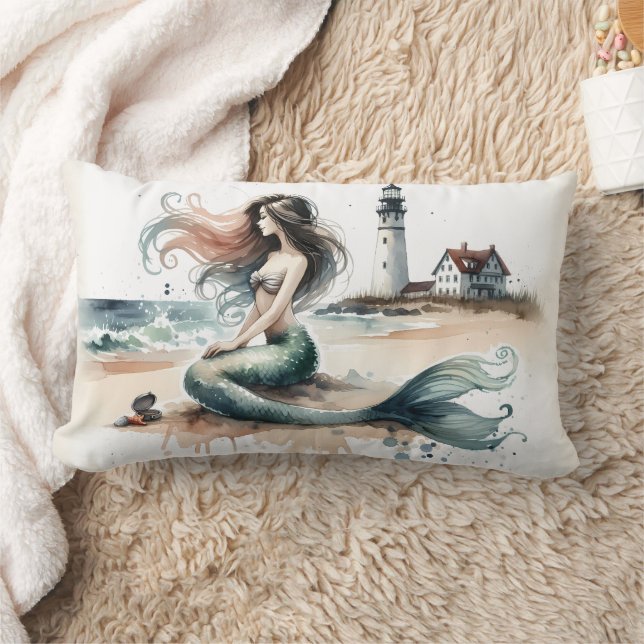 Coussin Rectangle Mermaid Lighthouse Coastal Watercolor Scene (Couverture)