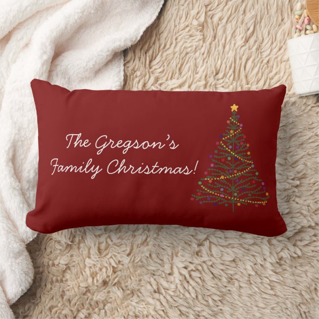 Coussin Rectangle 'Merry Christmas' Decorated Tree & Family Name Red (Couverture)