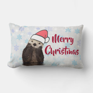 Coussin Rectangle Mignonne Otter portant un chapeau de Père Noël Joy