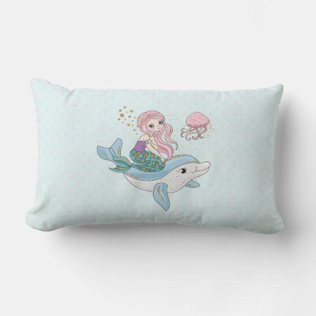 Coussin Rectangle Mignonne sirène chevauchant un dauphin sous la mer (Recto)