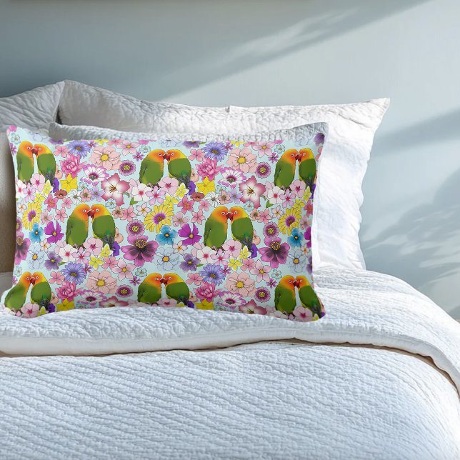 Coussin Rectangle Mignons Inséparables Fleurs Tropicales Oiseau Roma (Créateur téléchargé)