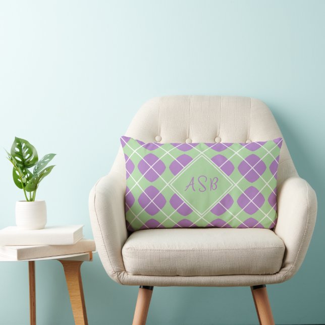 Coussin Rectangle Modern Purple Mint Argyle Elegant Monogram (Chaise)