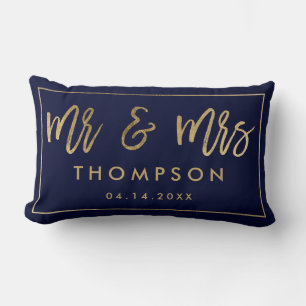 Coussin Rectangle Moderne or doré Monsieur et Madame noms de mariage